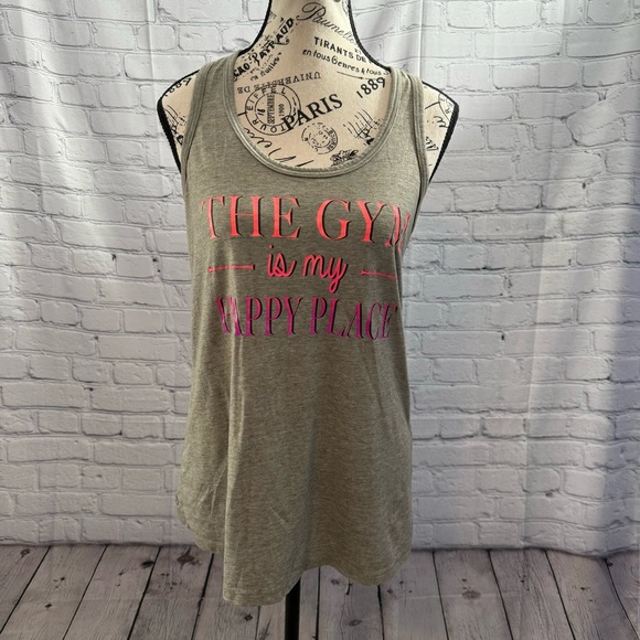 Danskin Now Gray Racerback Gym Is My Happy Place Workout Loose Fit Tee Sz M 8/10 - Picture 1 of 6